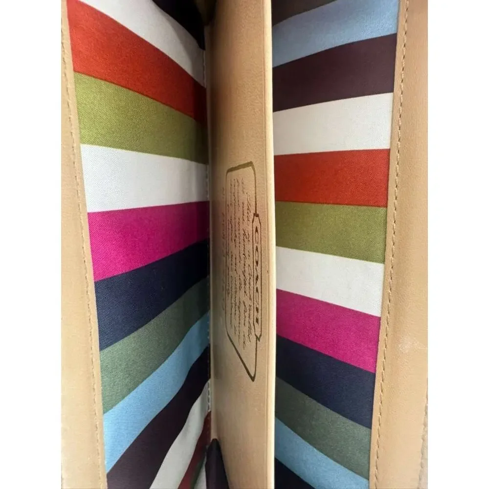 Coach Signature Stripe Checkbook Wallet Beige Brown Canvas Snap Closure